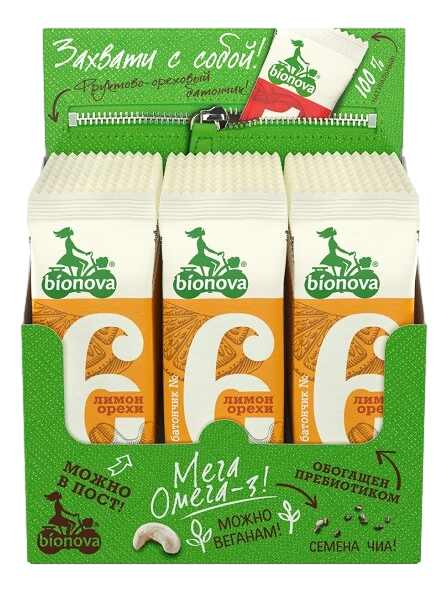 Батончик фруктово-ореховый Bionova №6 лимон-орех, 35г x 24 шт