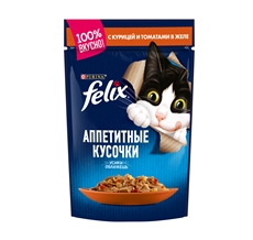 Корм влажный Felix Аппетитные кусочки в желе для взрослых кошек с курицей и томатами, 85г x 26 шт