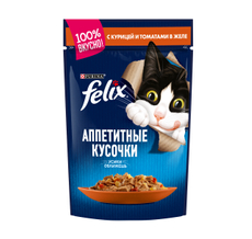 Корм влажный Felix Аппетитные кусочки в желе для взрослых кошек с курицей и томатами, 85г x 26 шт