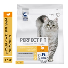 Корм сухой Perfect Fit для кошек с чувствительным пищеварением с индейкой, 1.2кг
