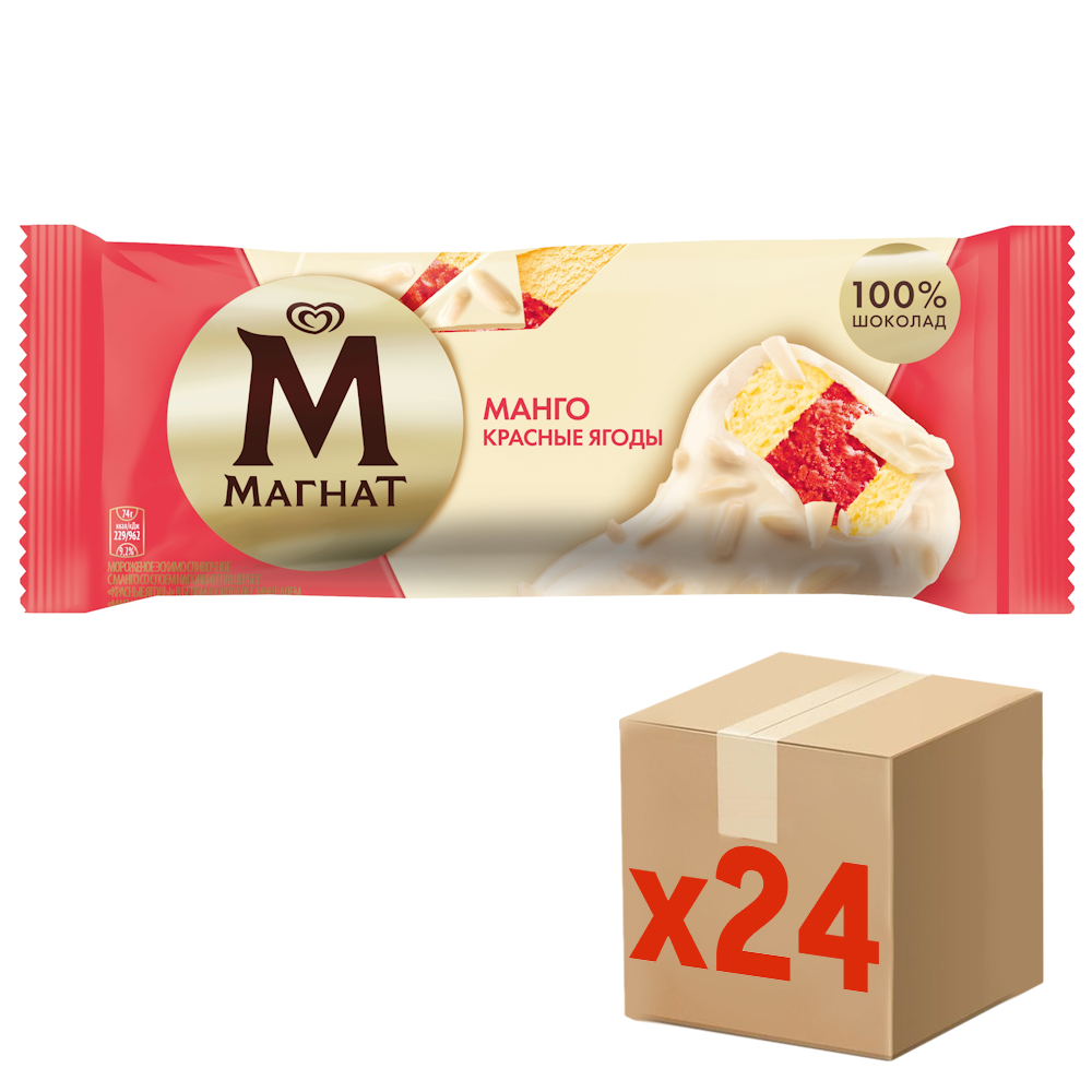 Мороженое сливочное Магнат Манго и красные ягоды в белом шоколаде эскимо, 74г x 24 шт