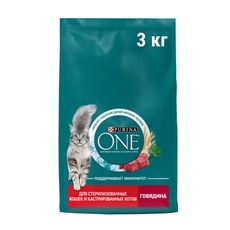 Корм сухой Purina One для стерилизованных кошек и кастрированных котов с говядиной и пшеницей, 3кг