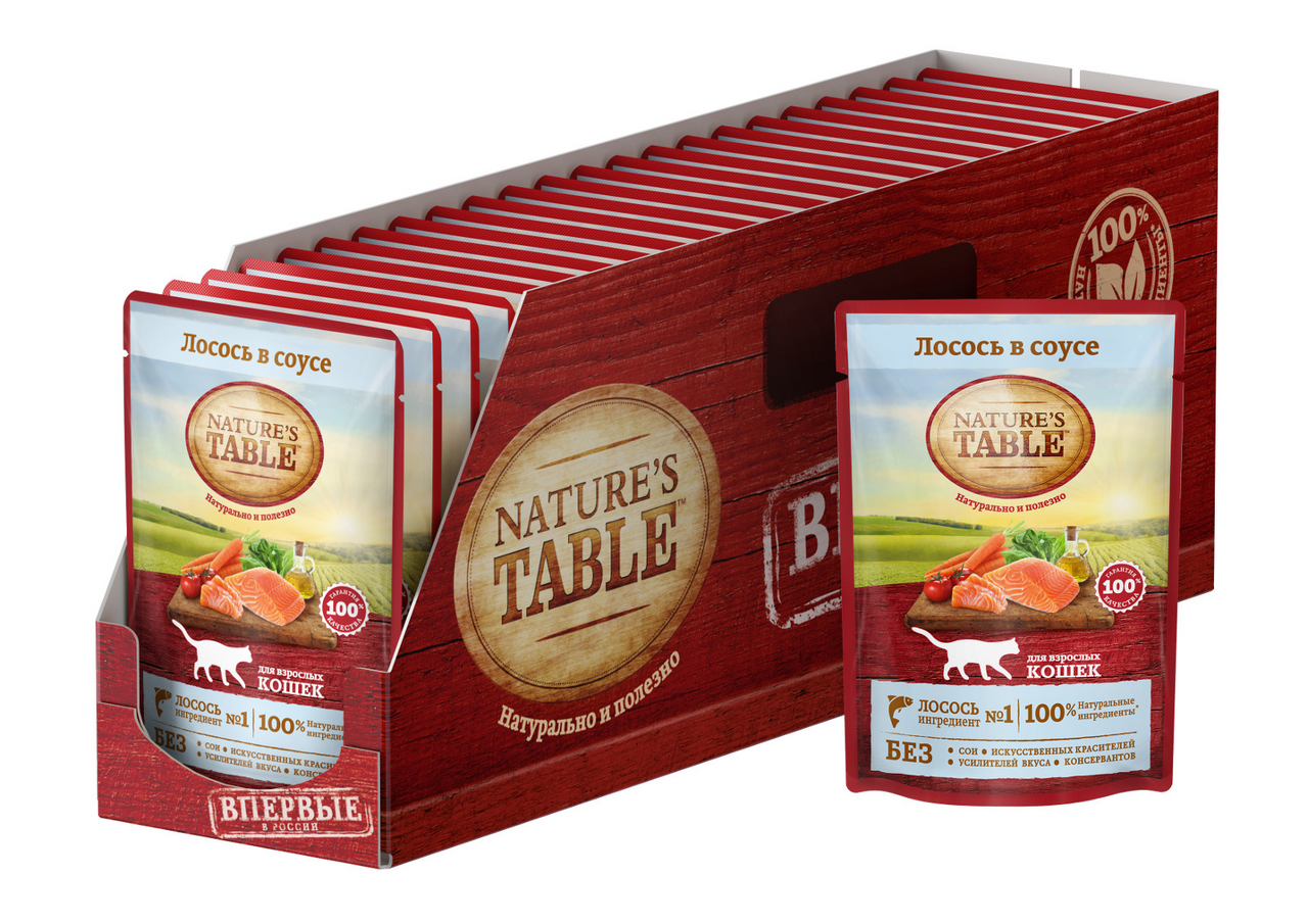 Изображение товара Корм влажный Nature's Table соус для взрослых кошек лосось, 85г x 28 шт