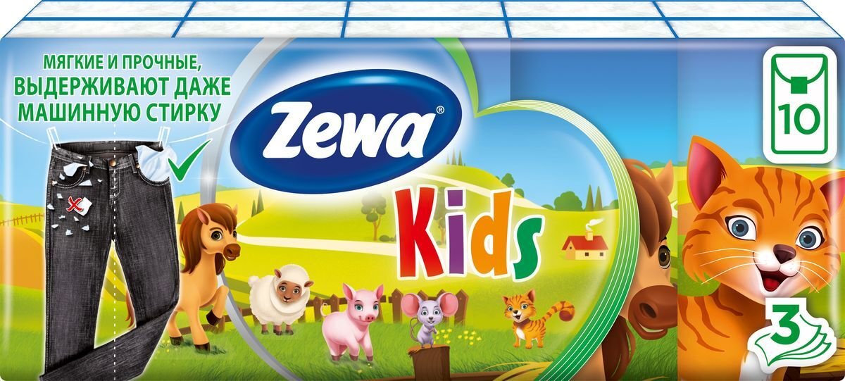Платки носовые Zewa Kids бумажные 3 слоя, 10шт