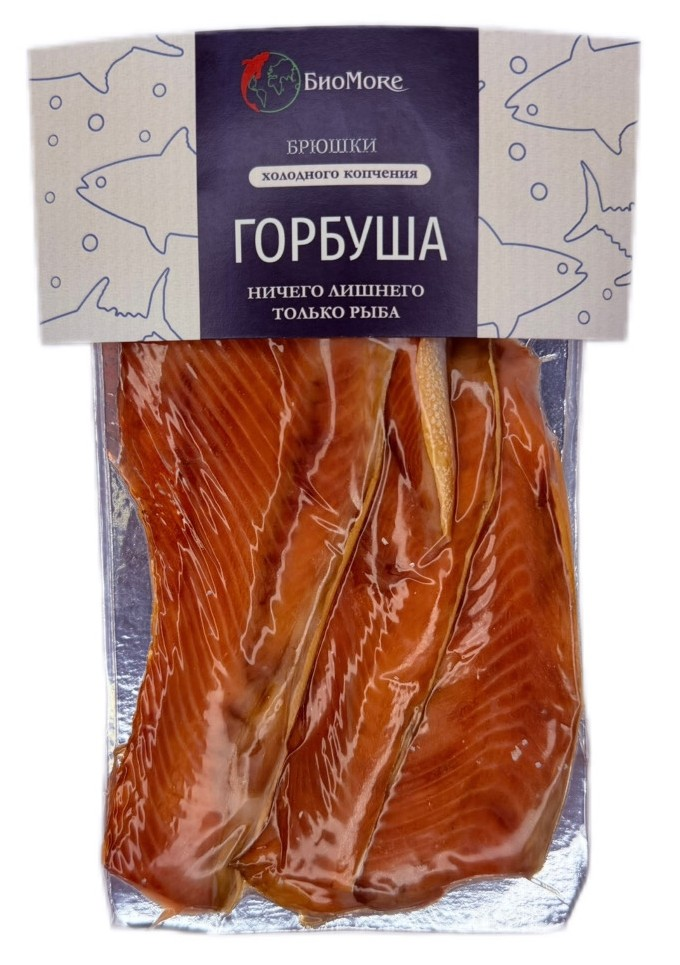Изображение товара Горбуша Брюшки Биоморе ГКХ копчёная нарезка 150 г