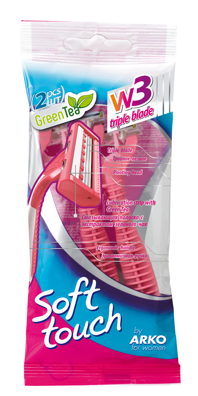Бритва Arko Soft Touch женский одноразовый с алоэ вера и витамином Е тройное лезвие, 2шт