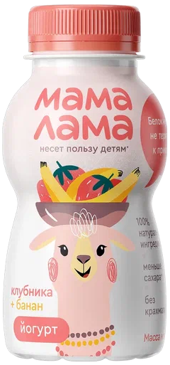 Изображение товара Йогурт питьевой детский Мама Лама Клубника и банан 2.5% с 3 лет, 200мл