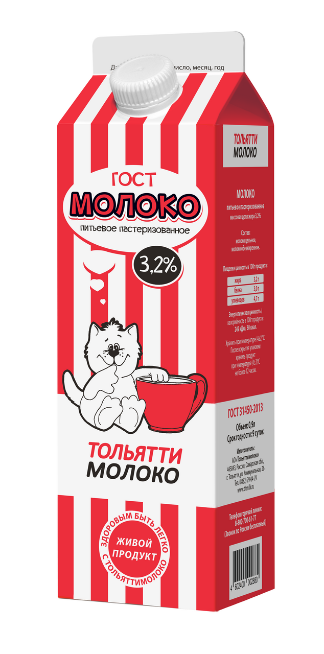 Молоко Тольяттимолоко пастеризованное ГОСТ 3.2%, 900мл