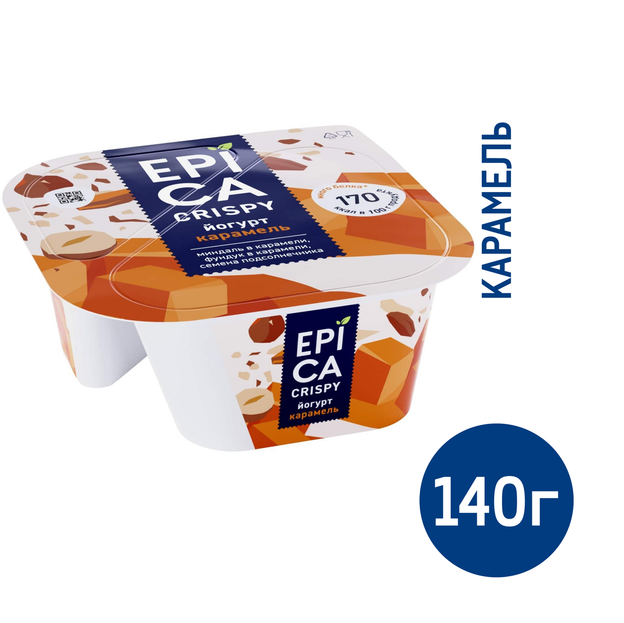 Йогурт Epica Crispy карамель 4.8%, 140г купить с доставкой на дом, цены в  интернет-магазине