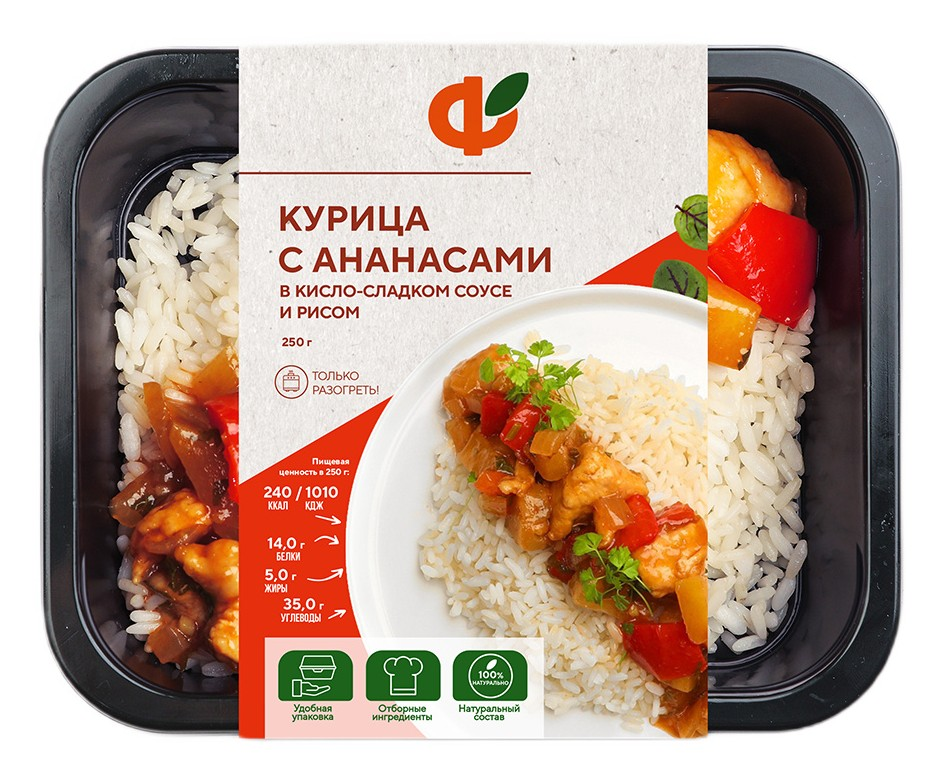 Курица с ананасами Фабрика здорового питания соус и рис, 250г