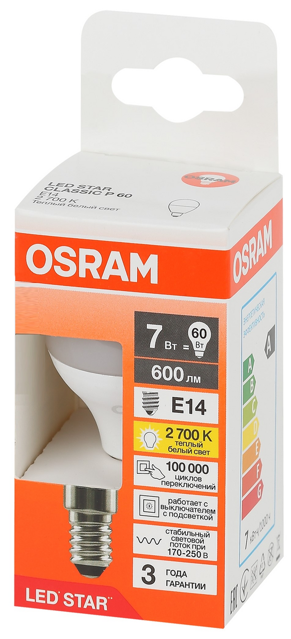 Изображение товара Лампа светодиодная Osram E14 7Вт теплый свет шар