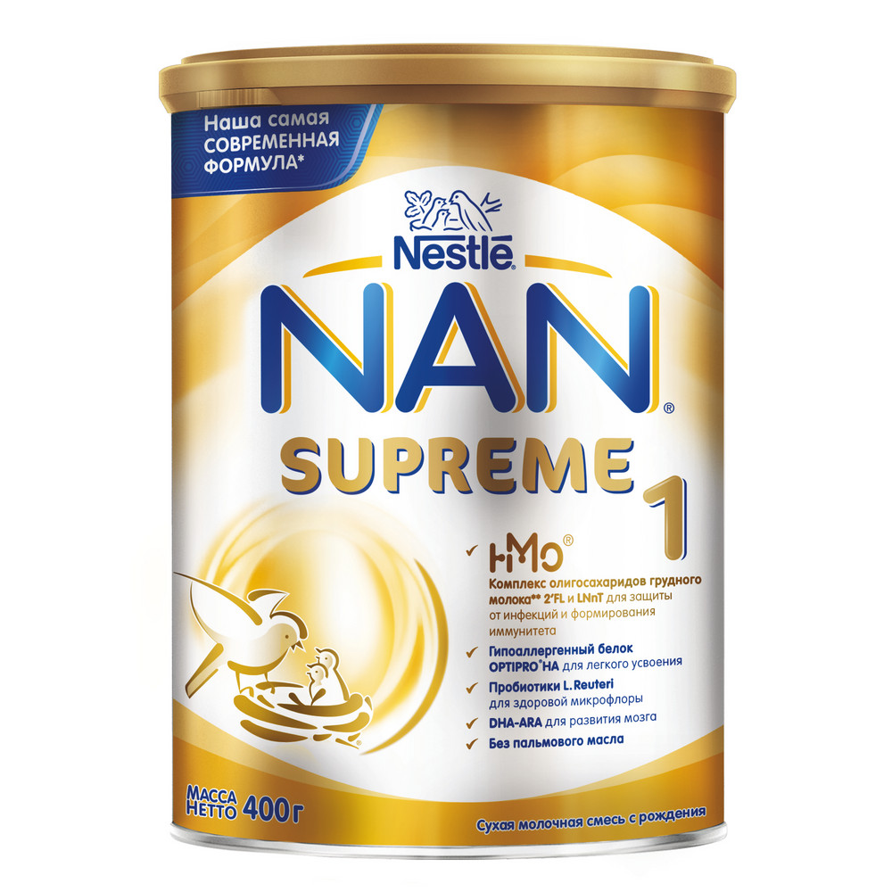 Смесь сухая NAN Supreme на основе частично гидролизованного белка молочной  сыворотки для питания детей с рождения до года, 400г купить с доставкой на  дом, цены в интернет-магазине