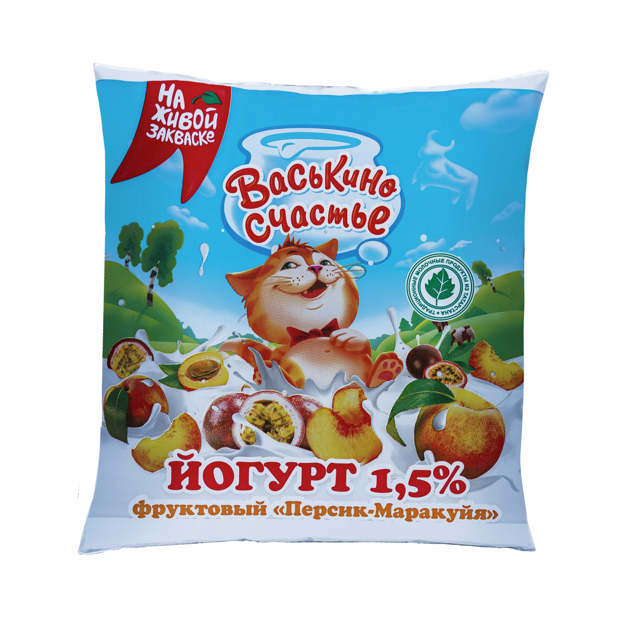 Йогурт Васькино счастье персик, маракуйя 1.5%, 450г