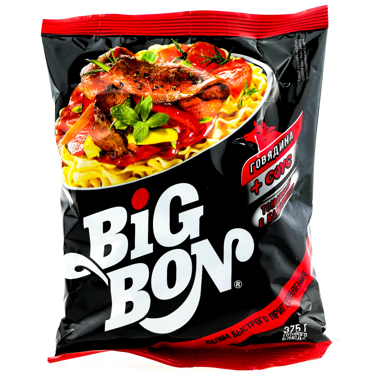 Лапша быстрого приготовления Big Bon Говядина + соус томатный с базиликом,  75г купить с доставкой на дом, цены в интернет-магазине