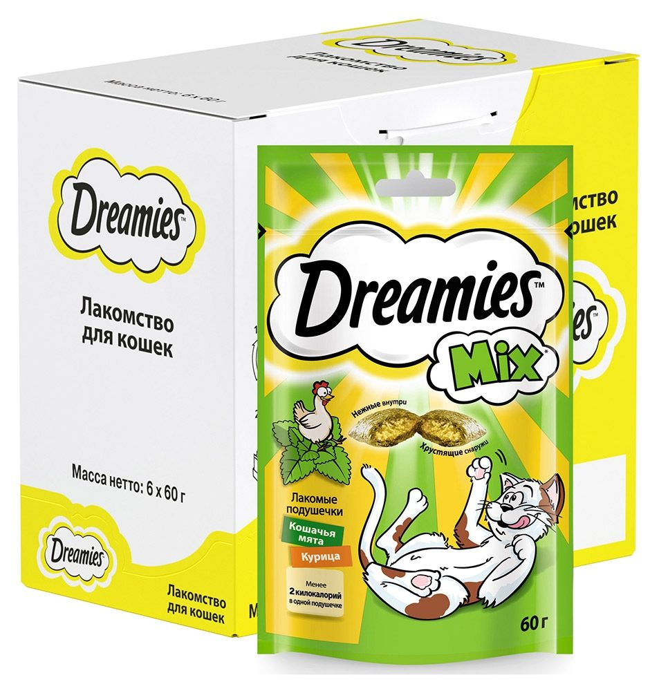 Изображение товара Лакомство Dreamies Лакомые подушечки для взрослых кошек со вкусом курицы и кошачьей мяты, 60г x 6 шт