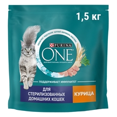 Корм сухой Purina One для стерилизованных кошек и кастрированных котов с курицей и цельными злаками, 1.5кг