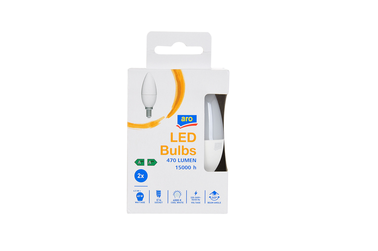 aro Лампа светодиодная E14 Led 5Вт холодный свет свеча, 2шт