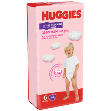 Подгузники-трусики Huggies для девочек 6 размер 15-25кг, 44шт