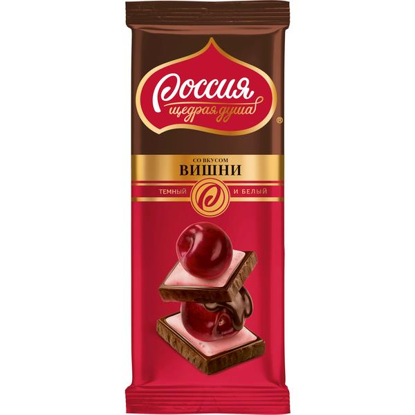 Шоколад РОССИЯ со вкусом вишни и хрустящими шариками.