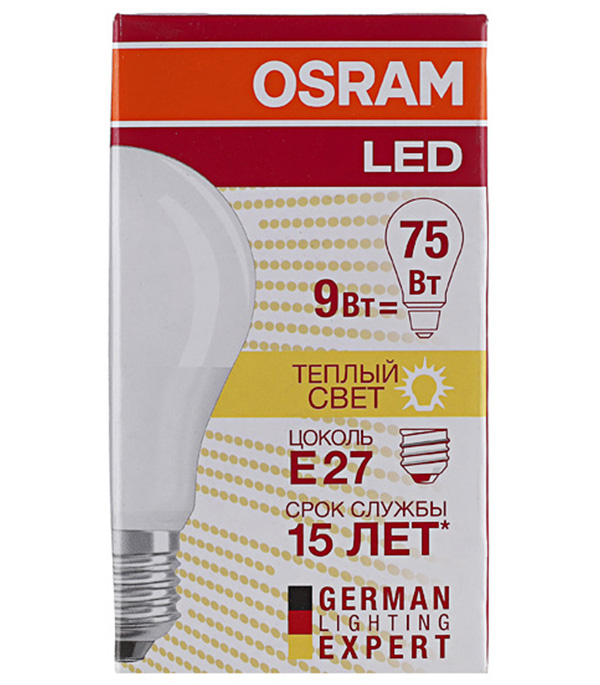 Лампа светодиодная Osram 9W E27 груша теплый белый