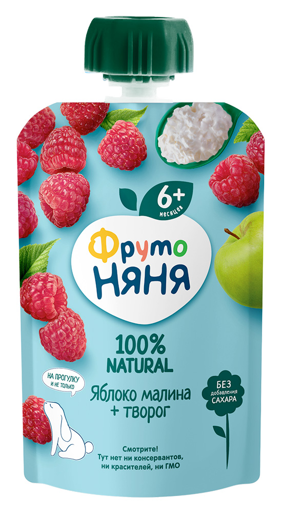 Изображение товара Пюре фруктовое детское ФрутоНяня Яблоко, малина и творог с 6 месяцев, 90г