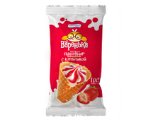 Мороженое пломбир Варенька Ванильное с клубничным наполнителем в вафельном рожке, 120г