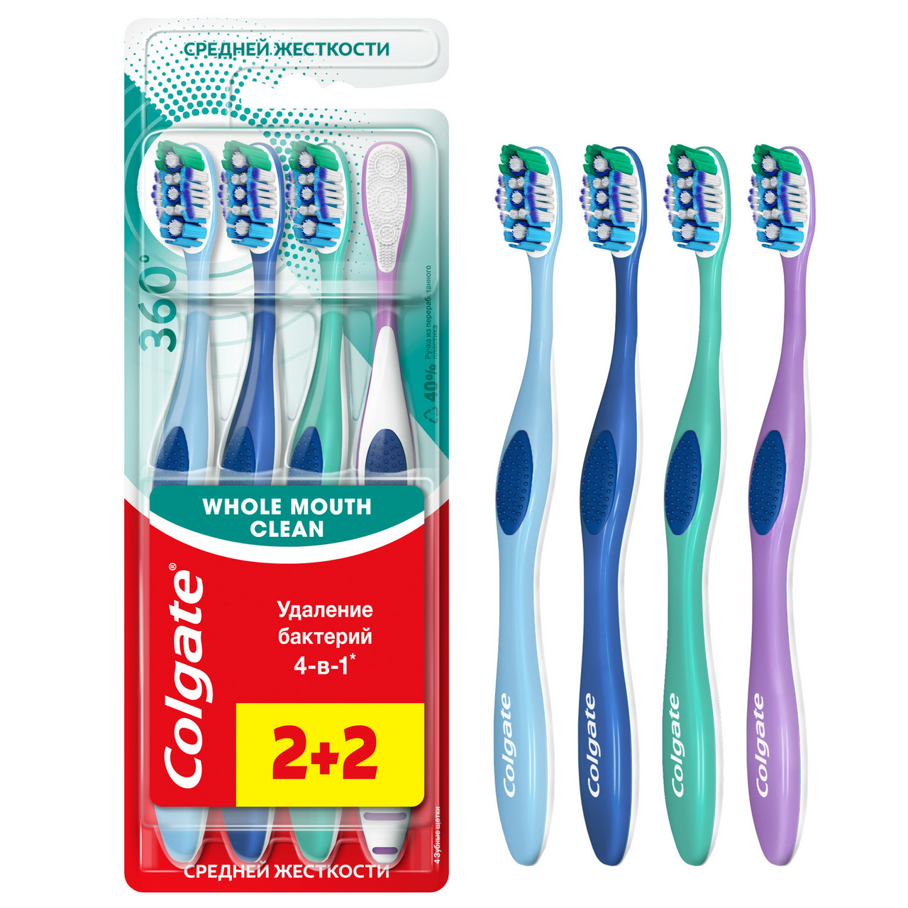 Зубная щетка Colgate 360 удаление бактерий средняя 4в1 2+2шт