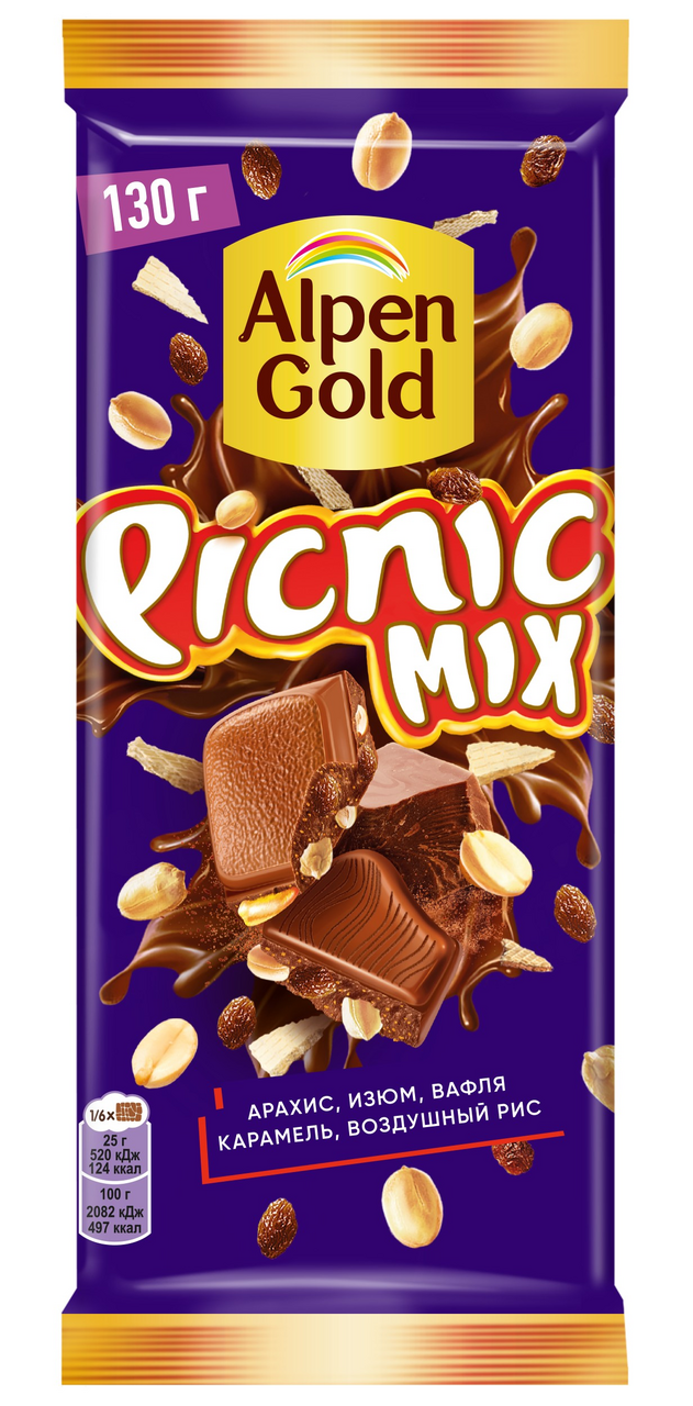 Шоколад Alpen Gold Picnic Mix молочный арахис и изюм, 130г