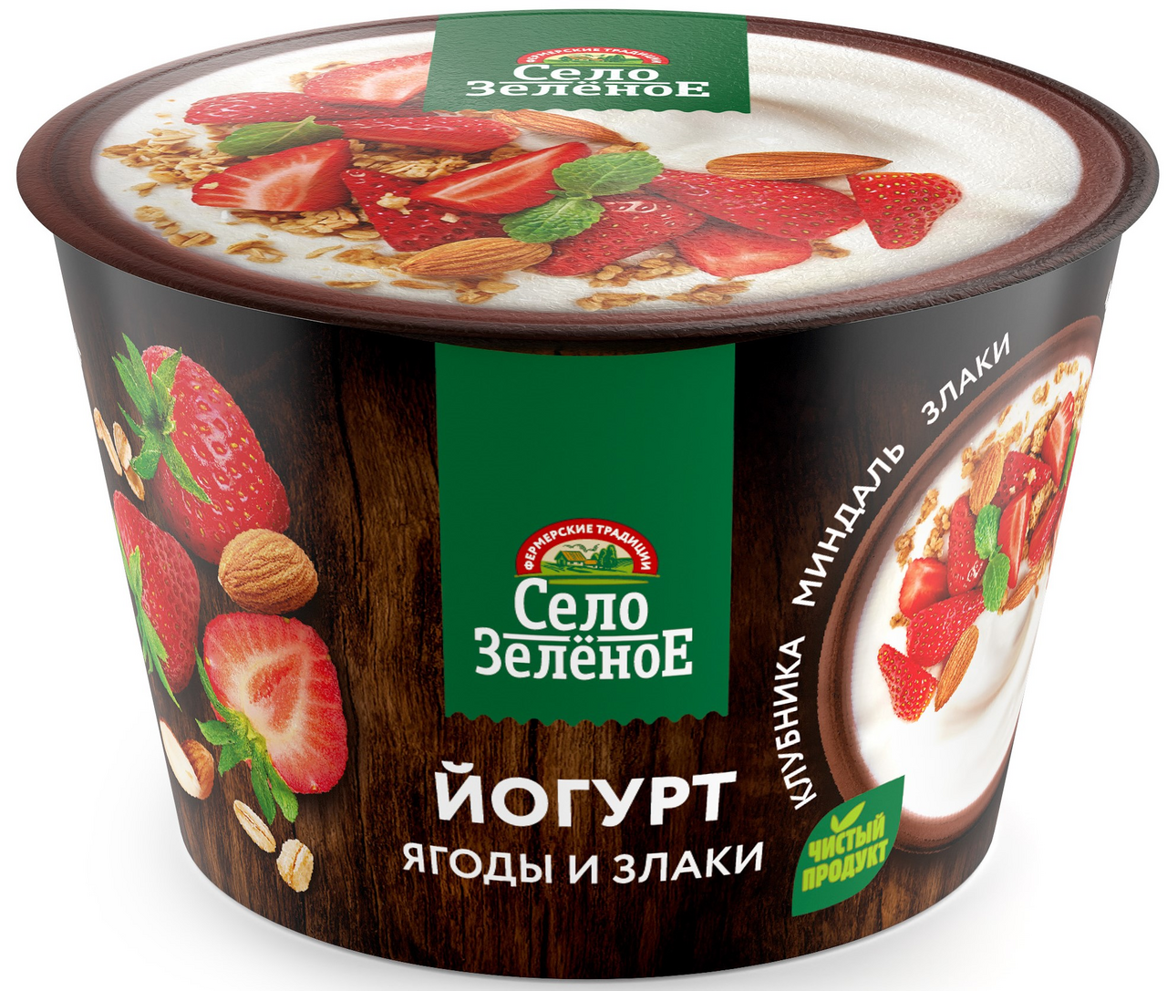 Йогурт Село Зеленое клубника, миндаль и злаки 3.2%, 180г