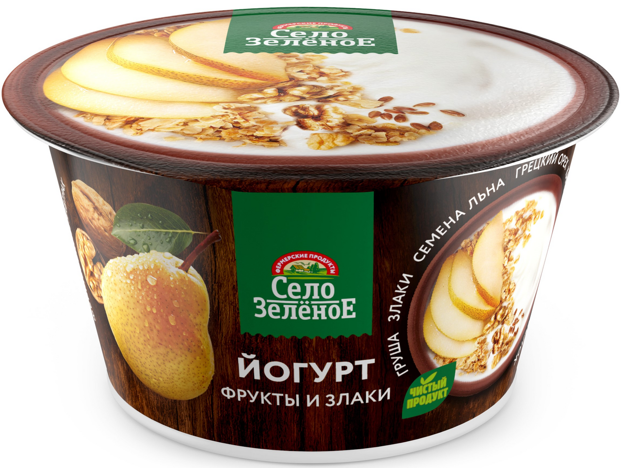 Йогурт Село Зеленое груша, злаки, лен и грецкий орех 3.2%, 180г