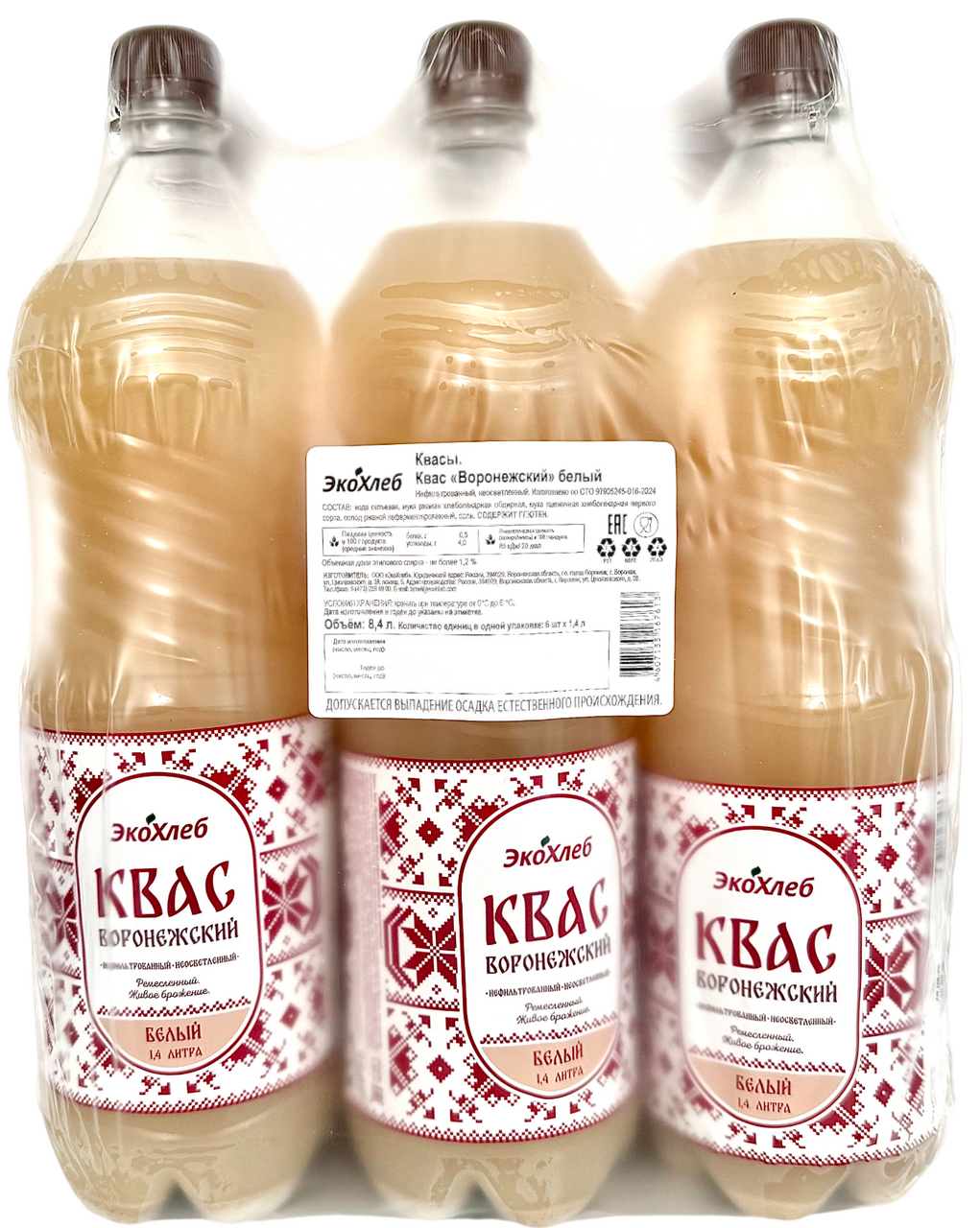 Квас Экохлеб Воронежский белый, 1.4л x 6 шт