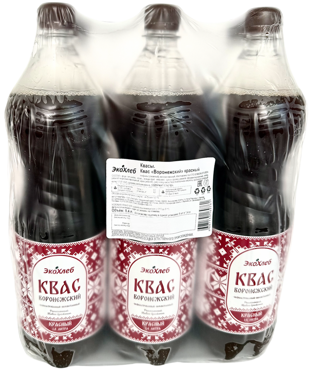 Квас Экохлеб Воронежский красный, 1.4л x 6 шт