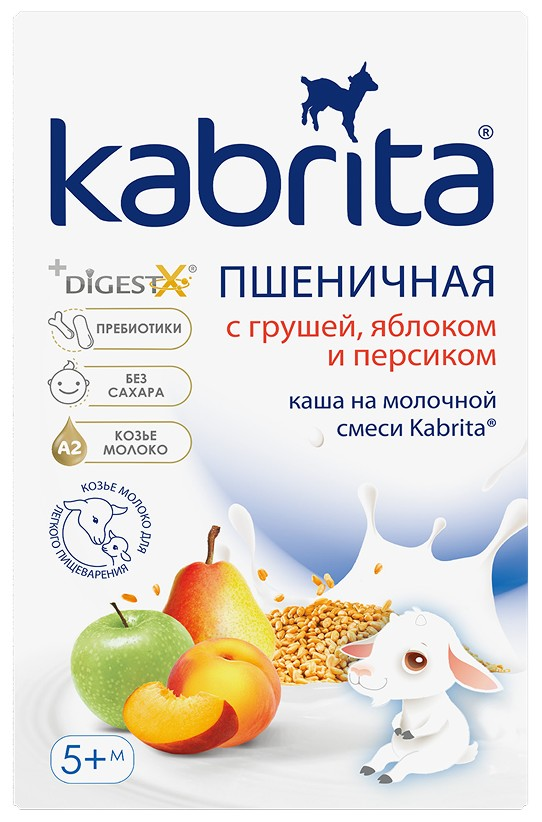 Каша Kabrita пшеничная на молочной смеси с грушей, яблоком и персиком с 5 месяцев, 180г