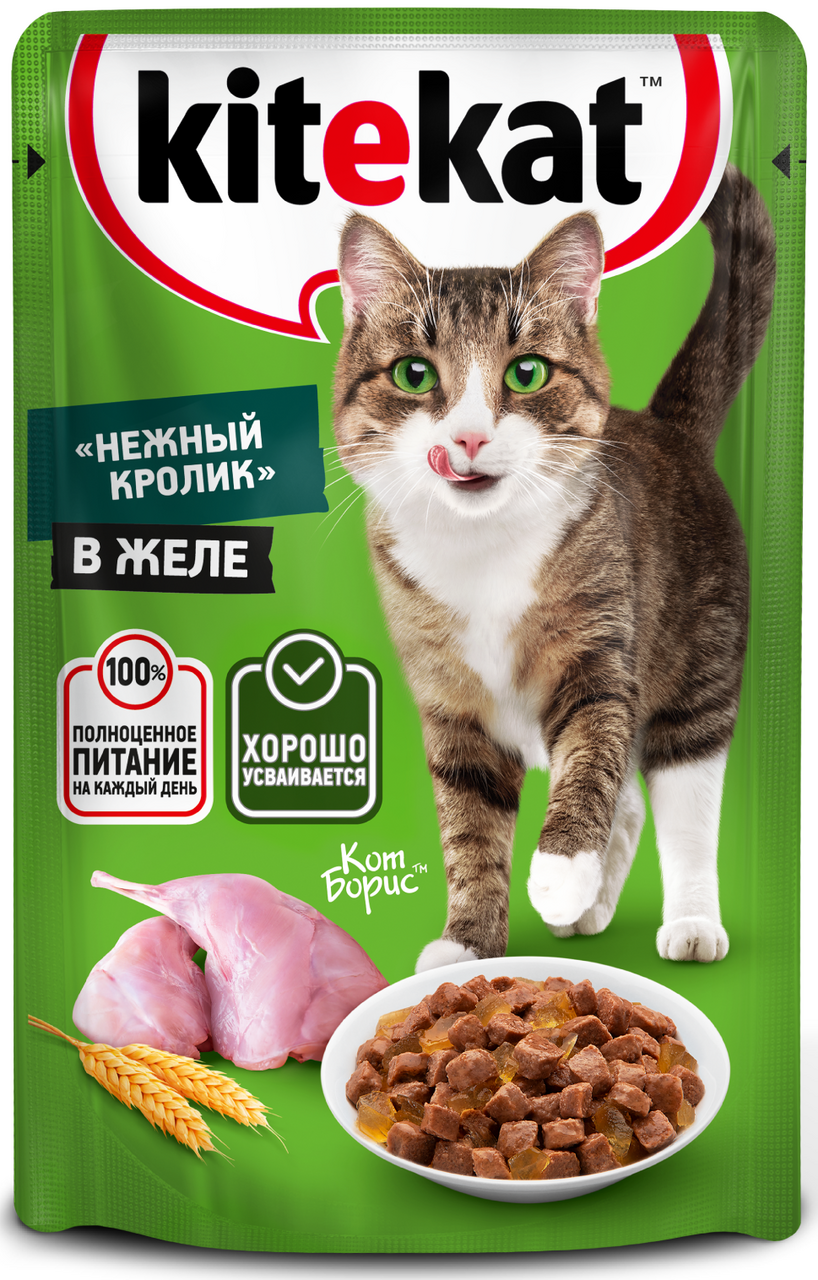 Корм влажный Kitekat для взрослых кошек со вкусом кролика в желе Нежный кролик, 85г