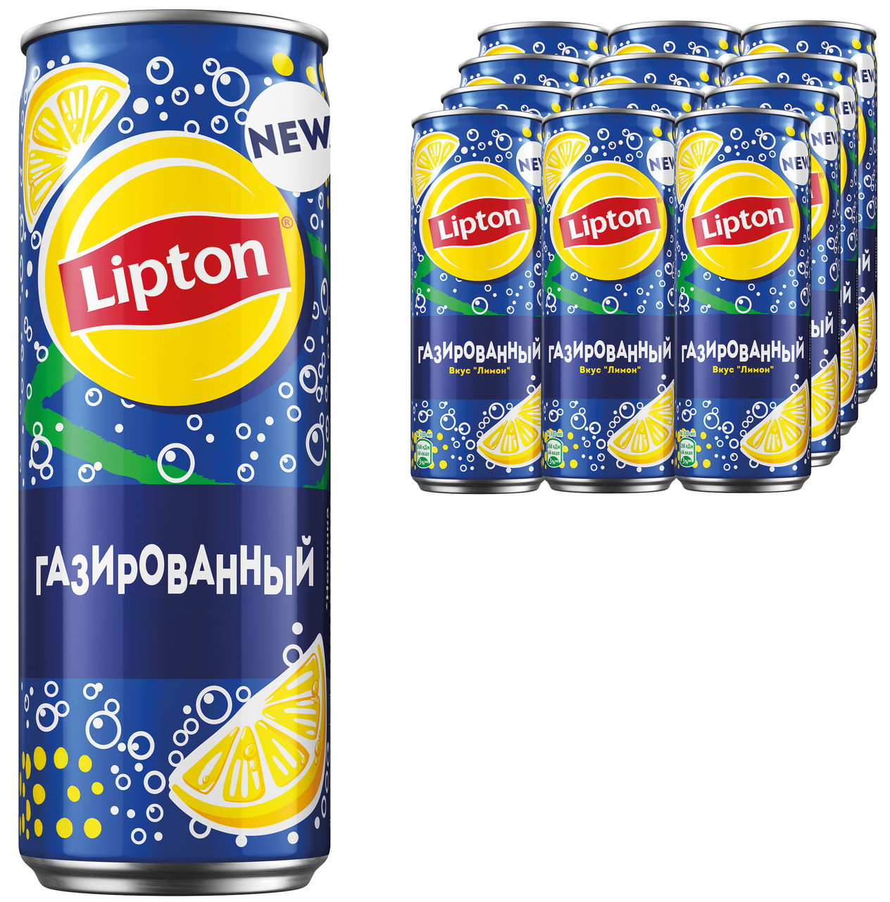 Холодный чай Lipton черный лимон газированный, 330мл x 12 шт