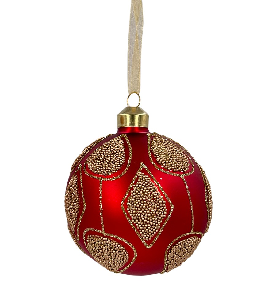 Шар елочный Christmasdeluxe красный с золотым узором, 8см