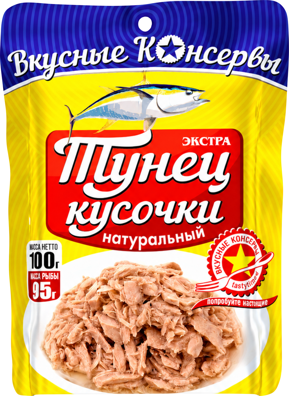 Тунец полосатый Вкусные натуральный кусочки, 100г