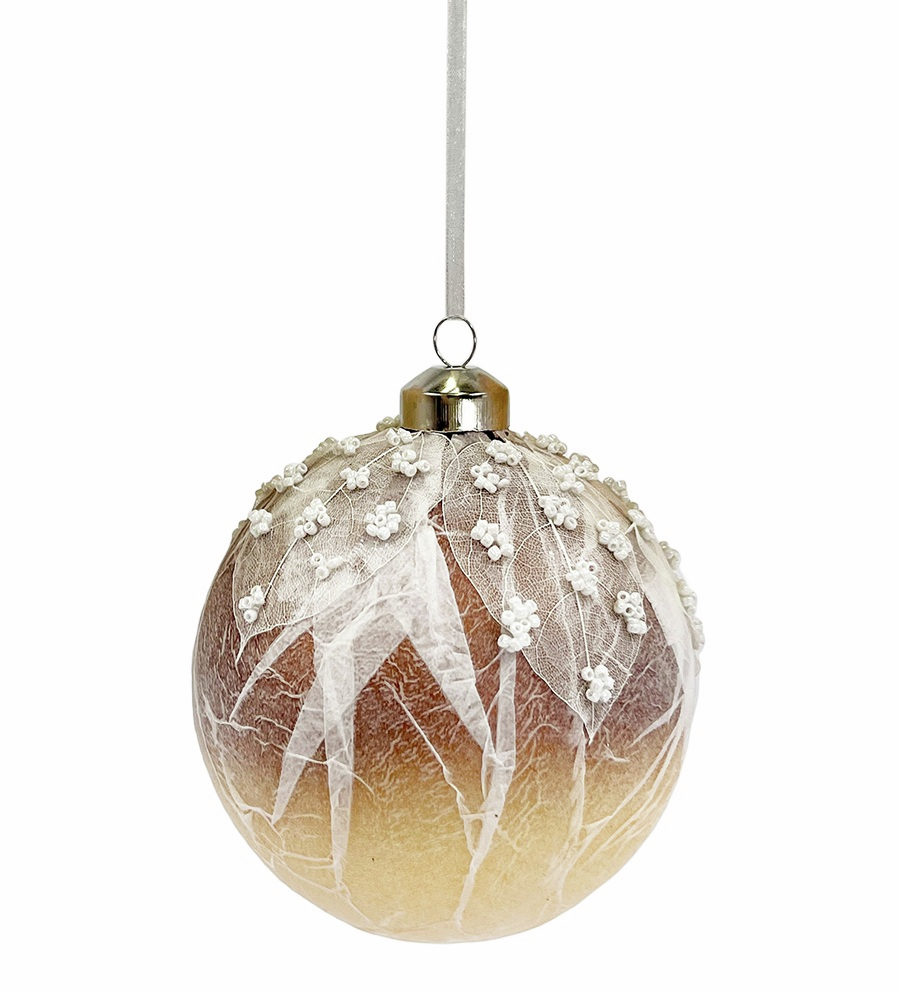 Шар елочный Christmasdeluxe с белыми листьями кремовый, 10см