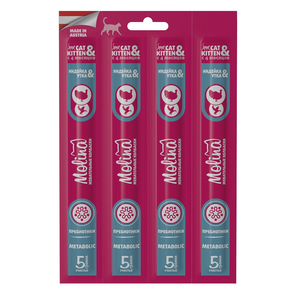 Колбаски жевательные Molina для кошек индейка и утка, 20г