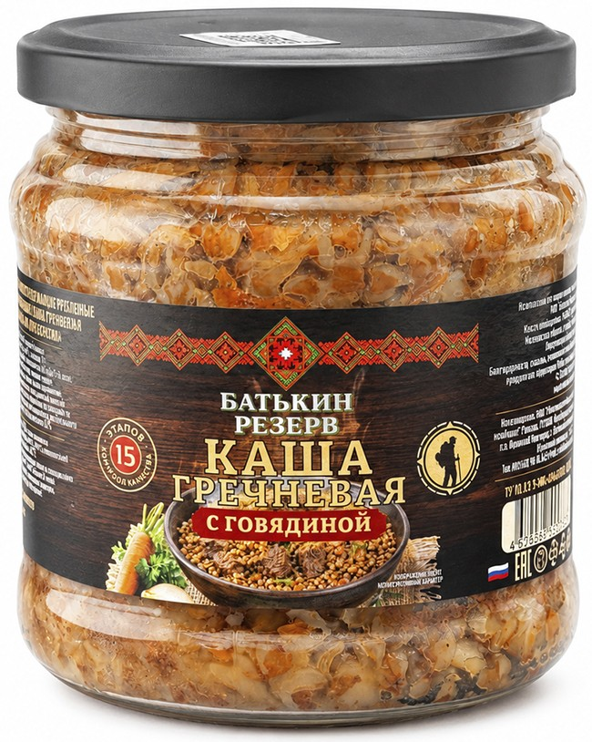 Каша Батькин Резерв гречневая с говядиной, 450г