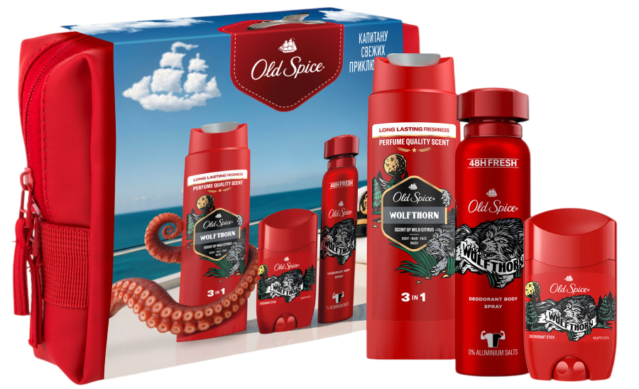 Подарочный набор Old Spice Wolfthorn (дезодорант-стик 50мл, дезодорант-спрей 150мл, гель для душа 250мл, косметичка)