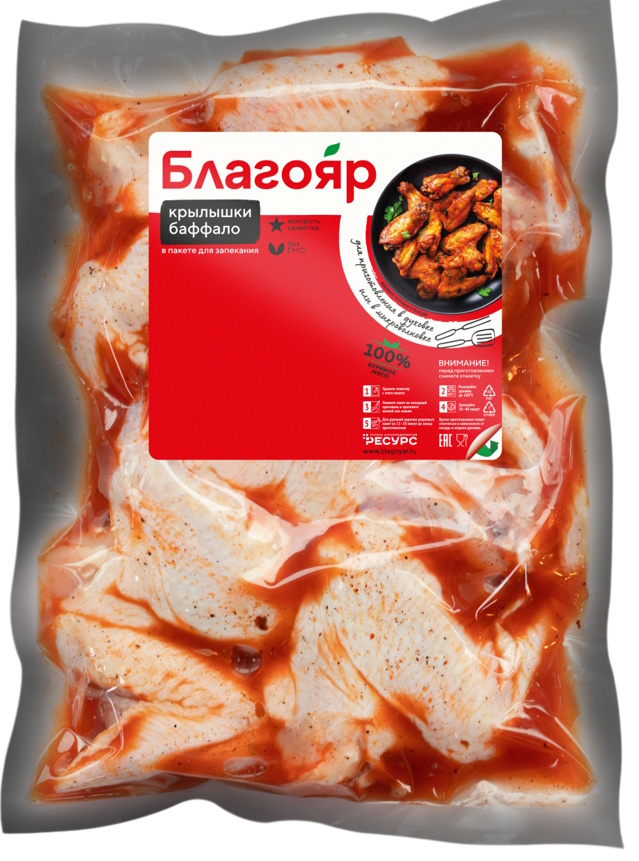 Крылышки цыпленка-бройлера Благояр Баффало охлажденные в пакете для запекания, 750г