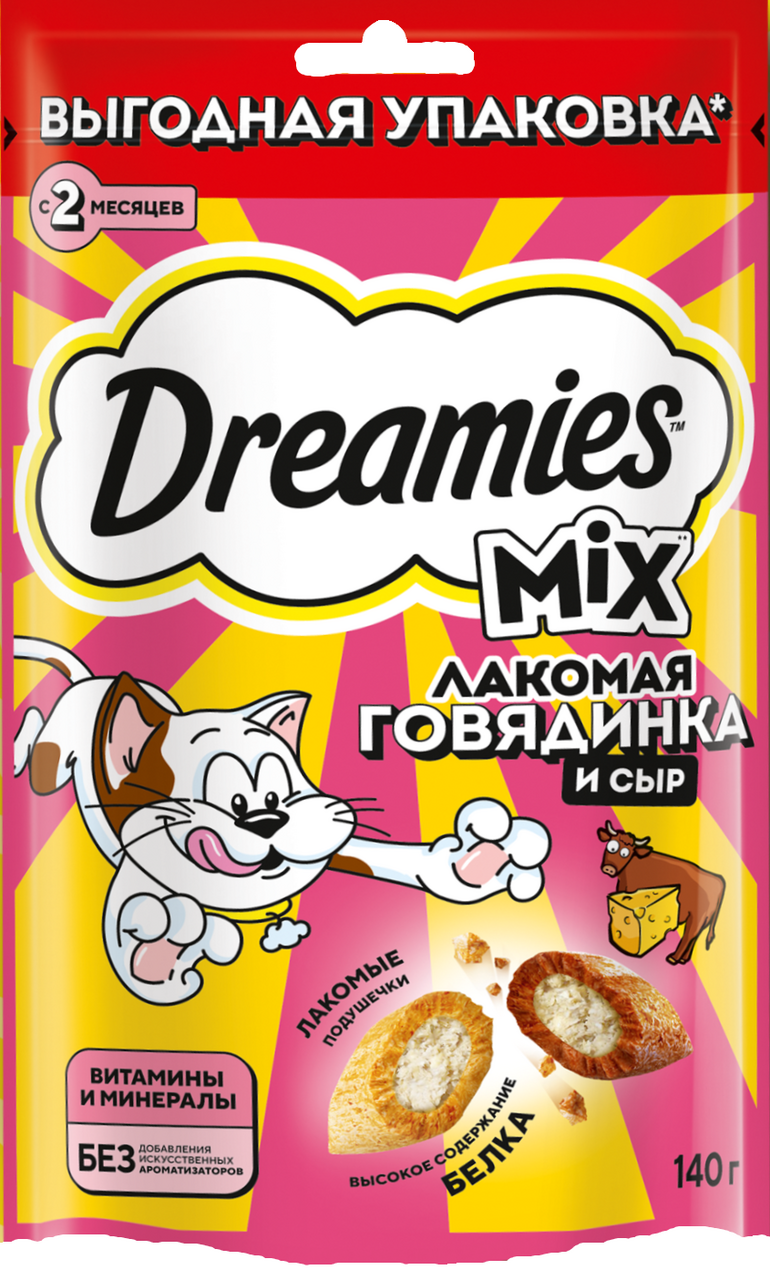 Лакомство для кошек Dreamies Mix говядина и сыр, 140г