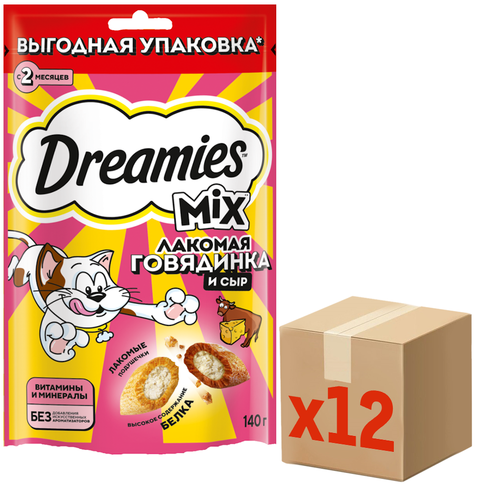 Лакомство для кошек Dreamies Mix говядина и сыр, 140г x 12 шт
