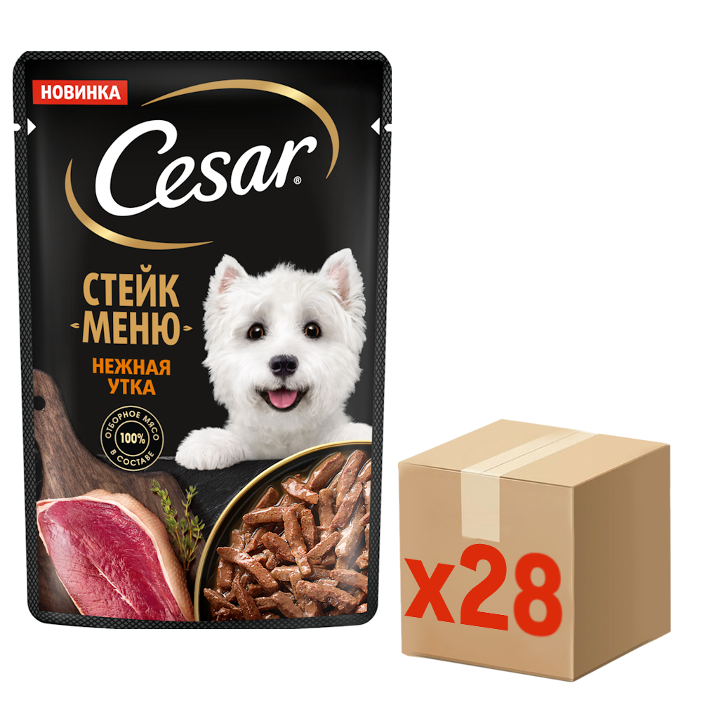 Корм влажный Cesar для собак Стейк меню нежная утка, 80г x 28 шт