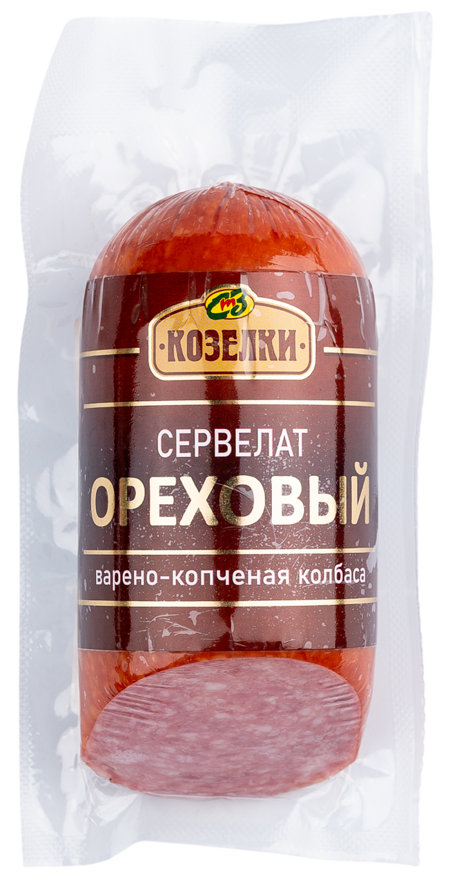 Колбаса СТЗ-Козелки Сервелат ореховый копчено-вареная, ~400г