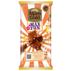 Шоколад молочный Alpen Gold Max Fun фруктовые кусочки, рисовые шарики и карамель, 130г