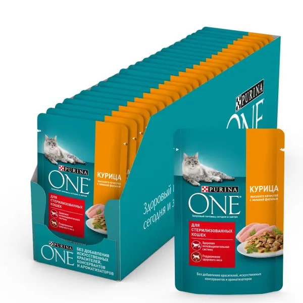 Изображение товара Влажный корм Purina One для стерилизованных кошек с курицей и зеленой фасолью 26 пакетов