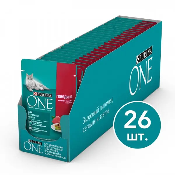 Изображение товара Влажный корм для взрослых кошек Purina One в соусе с говядиной и морковью, 75г х 26 шт