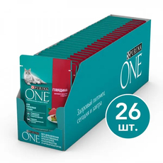 Корм влажный Purina One для взрослых кошек при домашнем образе жизни с говядиной и морковью в соусе, 75г х 26 шт